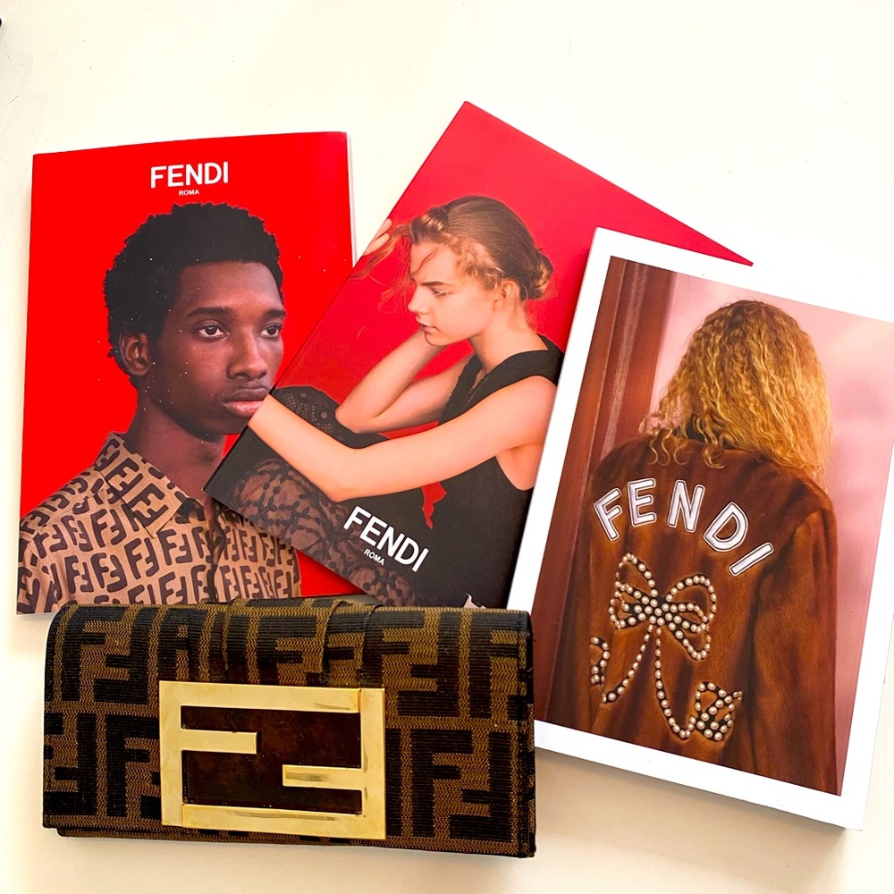 Fendi zucca wallet with gold logo and tortoiseshell.